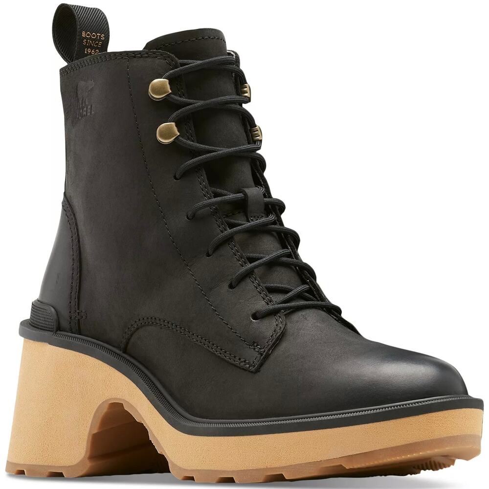 Sorel Hi-Line Heel Lace Boot Black Leather Lug Sole Block Heel Size 7.5 New NWOB